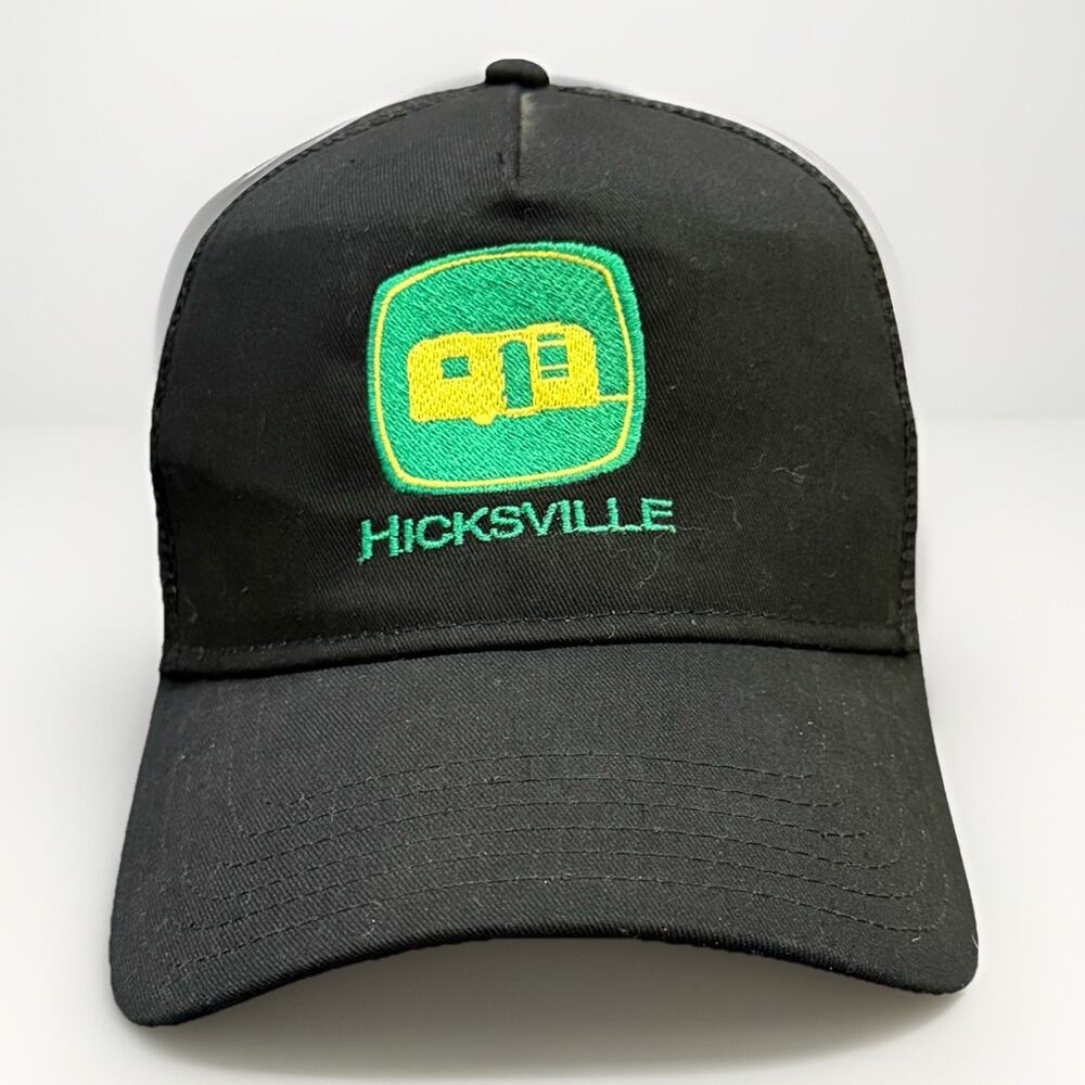 Hicksville Men Black Camping Trailer Adjustable SnapBack Trucker Mesh Hat Cap